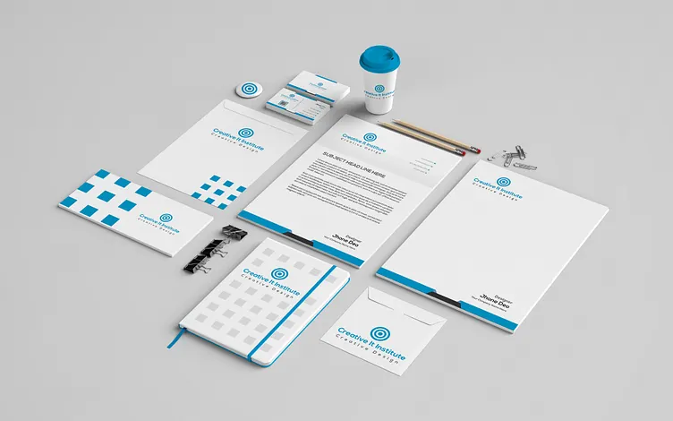 Stack of professionally designed business cards and letterheads